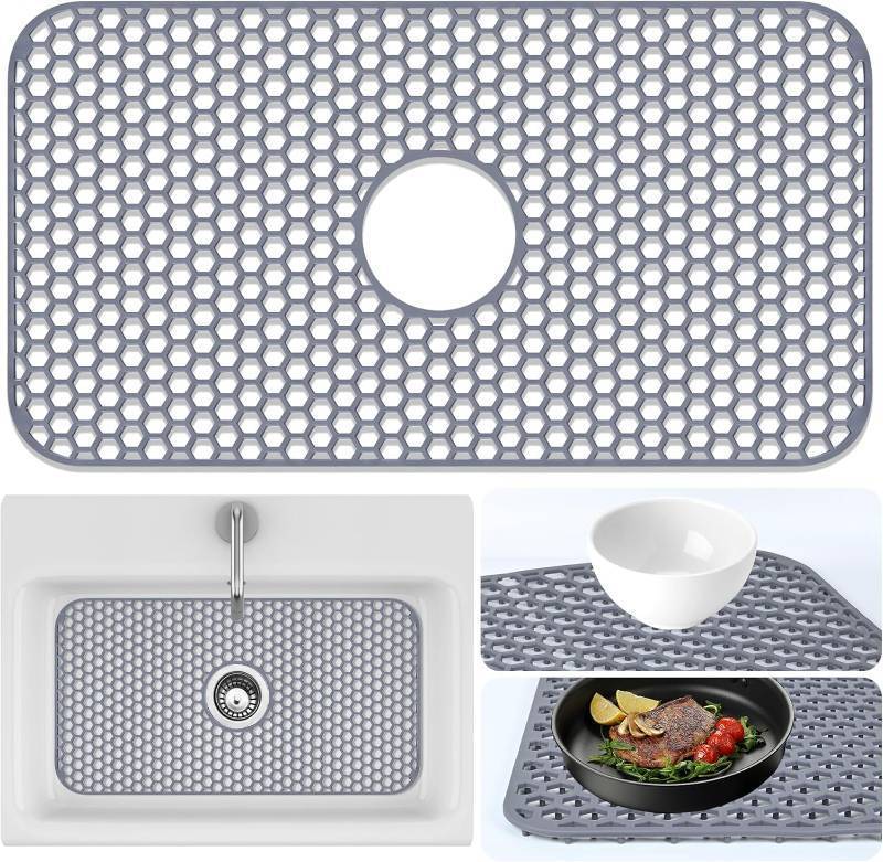 lot 13470 image: Sink Protectors Mat - 25.79x13.98 Kitchen Sink Pad for Bottom of Basin for Protection of Stainless Steel and Tableware, Farmhouse Rubber Basin Mat Protector with Center Drain - Light Gray - Retail $23