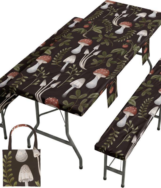 lot 1407 image: Picnic Table Cover with Bench Covers Waterproof Elastic Rectangle Furniture Fitted Table Cloth Tablecloth Glamping Camp Camper Camping Essentials Outdoor Road Trip Rv Car Travel Vacation Canping Gear - Retail $18