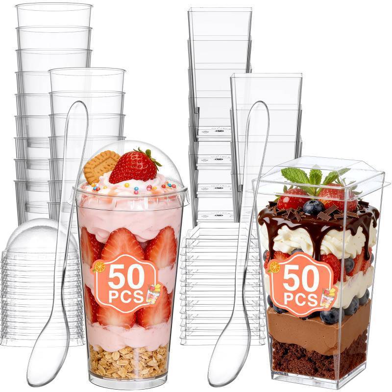 lot 7225 image: Eupako 100 Pack 3 oz Plastic Dessert Shooter Cups Assorted Shape - 50 Square & 50 Round Mini Clear Appetizer Cup, Small Dessert Cup for Jello Shots, Parfait, Puddings, Mousse- LIDS NOT INCLUDED  - Retail $24