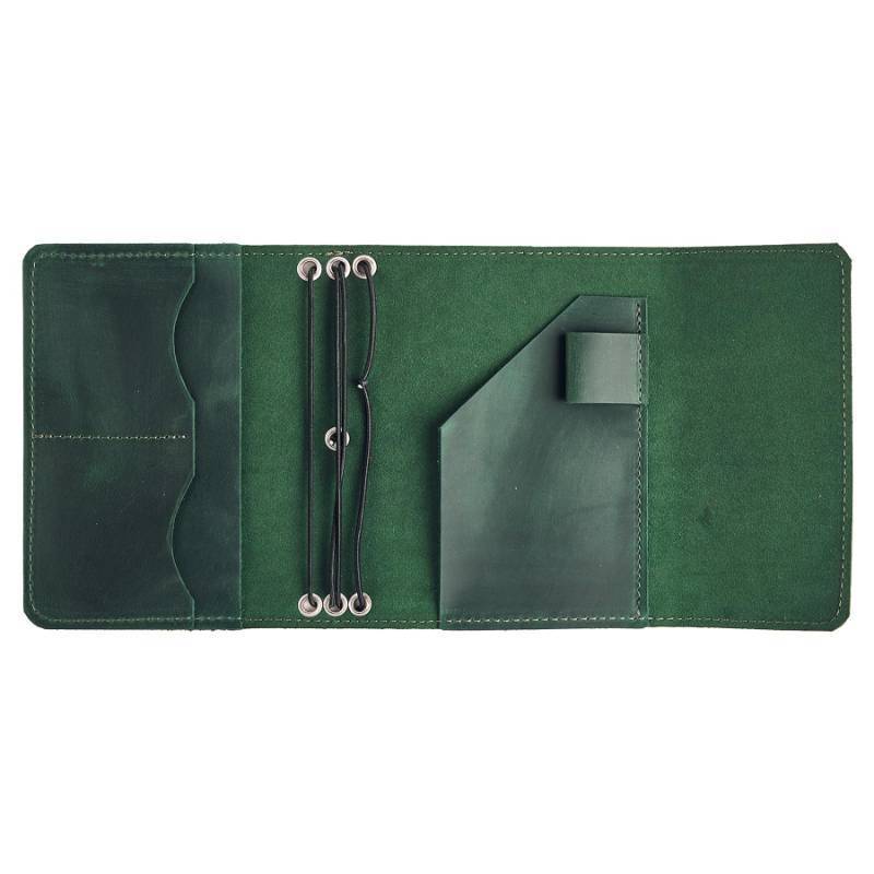 lot 13571 image: TORAKIP Genuine Leather A6 Journal Cover Refillable Handmade Notebook Cover with 3 Elastic Bands, Pen Loop & Card Pockets Travel Diary Case Fits A6 4.1 x 5.8 Notebooks (Paper Not Included), Green - Retail $36