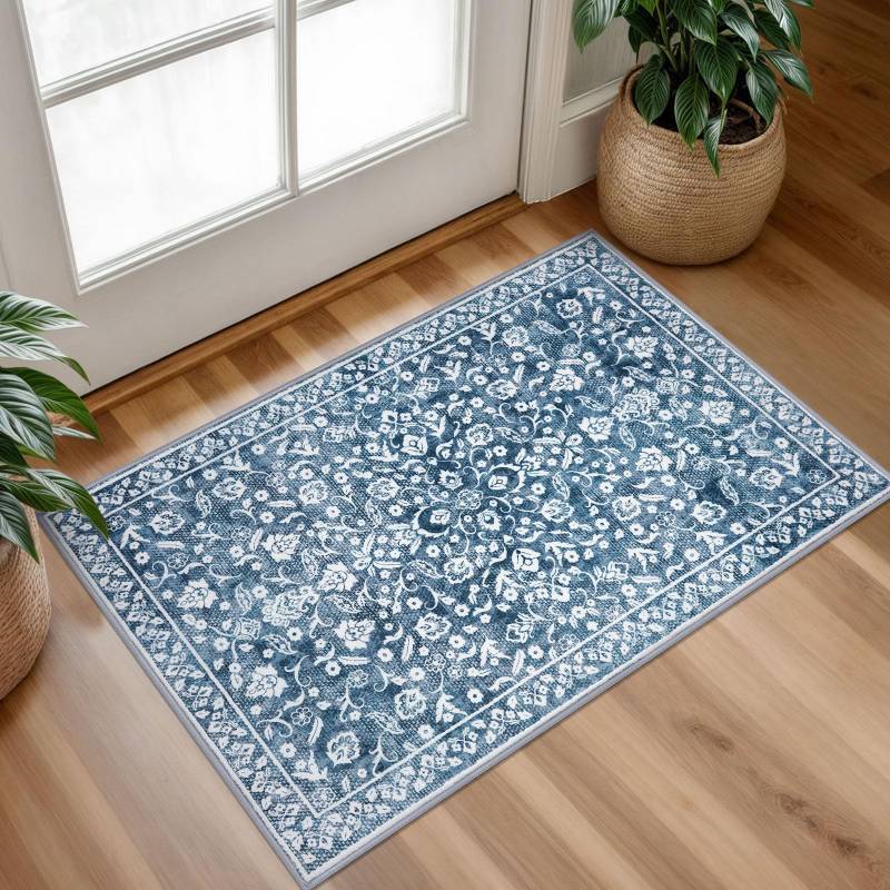 lot 1615 image: SILOLOOM Vintage Entryway Rug 2x3, Blue and White Washable Accent Rug, Non-Slip Small Area Carpet, Floral Print Faux Wool Soft Door Mat for Indoor Entrance, Front Door, Kitchen, Bedside - Retail $23
