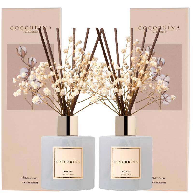 lot 1633 image: Cocorr�na Reed Diffuser Set, 6.7 fl.oz Clean Linen 2 Packs Scented Diffuser with Sticks Home Fragrance Reed Diffuser for Bathroom Shelf Decor - Retail $35