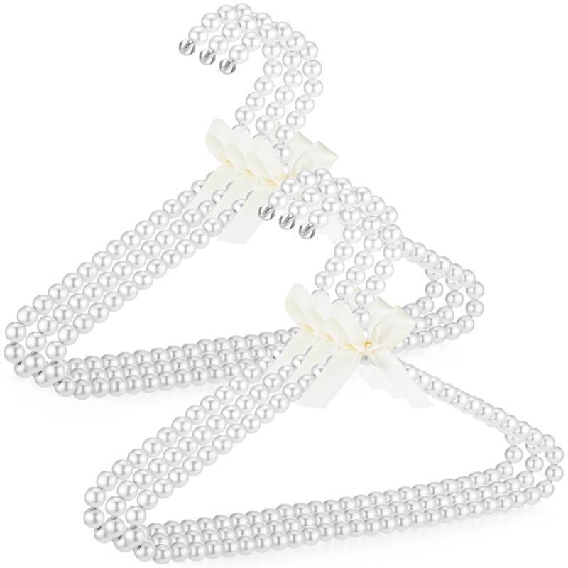lot 7373 image: Threan White 6 Pcs Pearl Beaded Clothes Hanger Mini Pearl Beads Small Metal Clothes Hangers with Ribbon Standard for Kids Baby Children Pet Dog - Retail $21