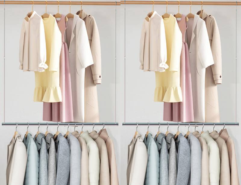 lot 7418 image: STO STO 2 Pack Closet Hanging Rod, Length and Height Adjustable Closet Rod, Space Saving Metal Closet Extender Hanging Bar for Hanging Clothes, Closet, Chrome - Retail $30