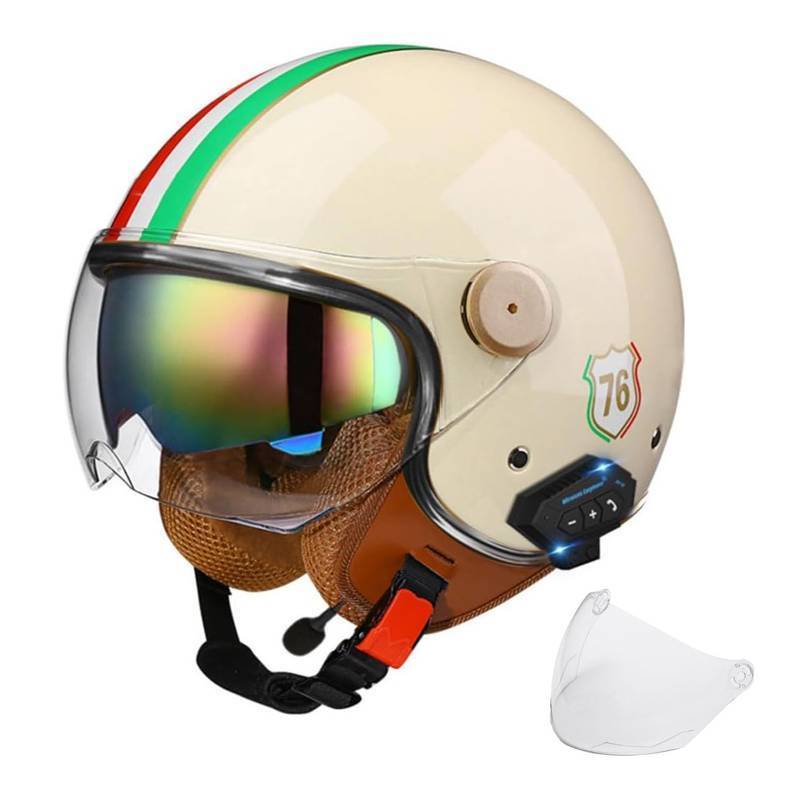 lot 1457 image: Retro Bluetooth 34 Open Face Motorcycle Half Helmet for Men Women - Dual Visors DOT Approved Lightweight Vintage Motorbike Helmet for Scooter Moped ATV Street Dirt Bike Commuting (Black, Large)
