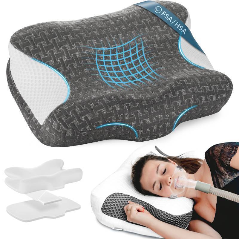lot 1498 image: Elviros CPAP Pillow for Sleeping, HSAFSA Ergonomic Adjustable Height Neck Support Memory Foam Bed Pillow for CPAP Users with Sleep Apnea, Suitable for Side and Back Sleepers - Retail $45