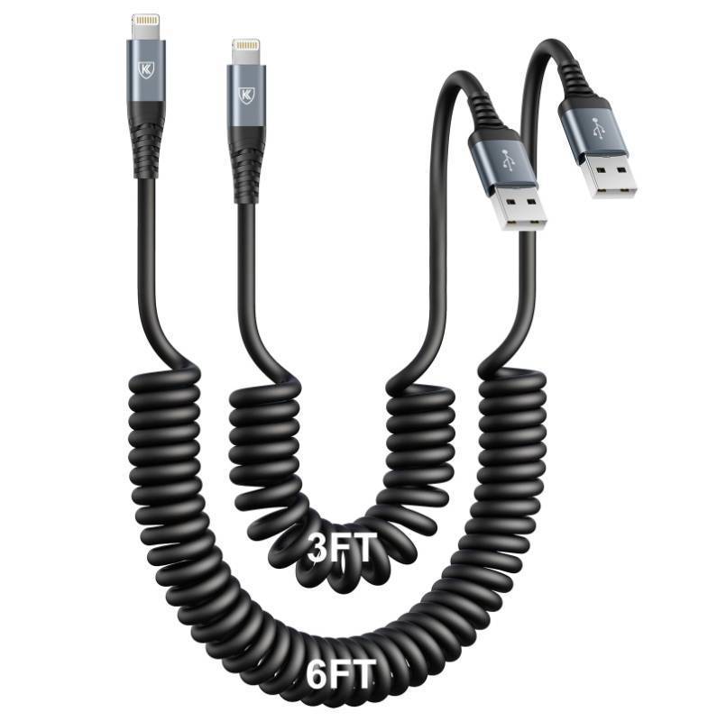 lot 7250 image: iPhone Charger Cable for Car 3FT6FT, Coiled Lightning Cable Apple MFi Certified 2 Pack Lightning Cord Compatible with iPhone14 131211 Pro MaxXS MAXXRXSX87Plus6S iPadiPod-Black - Retail $16
