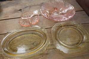 lot 1938 image: Vtg. Pink Glass Bowl, Yellow Federal Glass Plate some chips & More