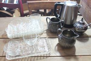 lot 1952 image: Vintage Metal Creamer, Sugar Bowl and More