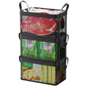 lot 735 image: iSPECLE Freezer Organizer Bins, 3 Pack 15 Large Stackable Deep Freezer Organizer Bins for 5 to 7 Cu.Ft Chest Freezer, Sturdy Fabric & Stainless Steel for Meat & Vegetables, Easy Access, Black - Retail $34