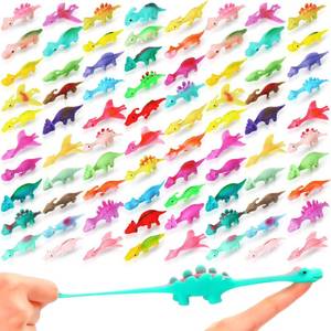 lot 737 image: Silipull 100 Pcs Mini Slingshot Dinosaur Finger Toys Rubber Dino Fidget Toy Stretchable Dinosaur Finger Slingshot Flying Toys for Classroom Prizes Flying Games Party Favors for Boys Girls - Retail $29