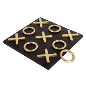 lot 750 image: BOARD ONLY, MISSING PLAYING PIECES NIKKY HOME 12x12 Inch Tic Tac Toe Wood Game Board Classic Coffee Table Decor Modern Wooden Travel Game for Family, Black & Gold - Retail $39