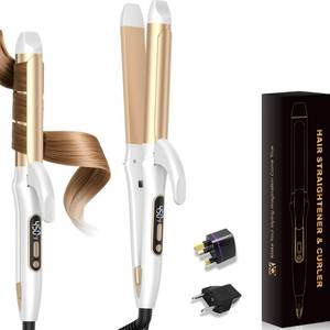 lot 759 image: Dual Voltage Curling Iron Travel 2 in 1 Curl and Straightener (110V-240V) 1.25 Inch Normal Size Hair Curle Ceramic with EUUK Plug Adapter Curling Wand Adjustable Temperature Anti-Tangle (Platinum) - Retail $30