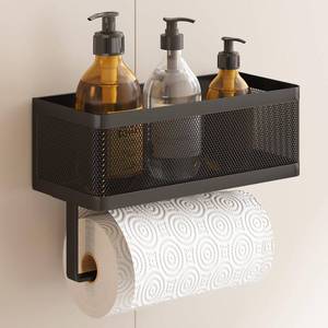 lot 761 image: Paper Towel Holder Wall Mount with Spice Rack for Kitchen,Easy One-Handed Operation, 2-in-1 Adhesive Organizer Basket��Black Paper Towel Holder with Shelf for Bathroom��RV, Laundry, Garage - Retail $20