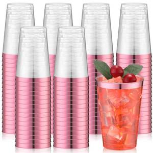lot 766 image: Patelai 100 Pcs Pink Plastic Cups 12 oz Clear Disposable Cups with Pink Rim Plastic Wine Cocktail Glasses Drinking Tumblers for Wedding Birthday Bridal Shower Baby Shower Party Holiday Celebrations - Retail $32