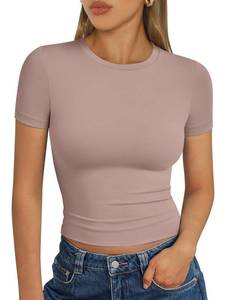 lot 772 image: Trendy Queen Womens Short Sleeve T Shirts - Buttery Soft Summer Crop Tops Slim Fit Y2k Basic Tees for Workout Latte S - Retail $1