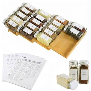 lot 789 image: KitHero Spice Drawer Organizer with 20 Spice Jars,216 Labels,50 Non-slip Rubber, Bamboo 4 Tier Seasoning Rack Tray Insert for Kitchen Drawers,Cabinets,Countertop,9 Wide x 15.8 Deep - Retail $26