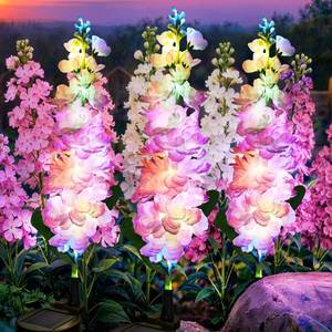 lot 800 image: Pre Owned GIGALUMI Solar Lights Outdoor for Garden Decor, 3 Pack Solar Flower Lights Waterproof, 2 Lighting Modes Delphinium for Pathway,Yard, Patio, 4th of July Decoration, Gifts for Women (Pink) - Retail $27