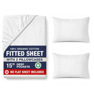 lot 820 image: LANE LINEN Fitted Sheet Full Size, 100% Organic Cotton, 3-Piece Set (1 Fitted Sheet, 2 Pillowcases) Percale Weave, Bed Fitted Sheets, Breathable, Fits Mattress Upto 15 Deep - White (No Flat Sheet) - Retail $35