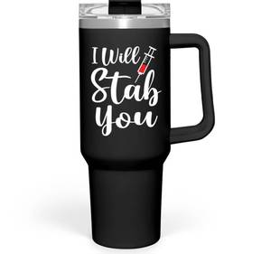 lot 826 image: Small Chip in Lid SANDJEST Nurse Gifts I Will Stab You Tumbler with Handle 40oz Stainless Steel Insulated Coffee Cup Funny Nurse Week Present, Nursing School Graduation, Appreciation Gifts for RN Nurses - Retail $25