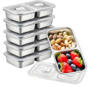 lot 834 image: 6 Pack Stainless Steel Snack Containers with Lids, 2 Compartment Metal Bento Snack Boxes, Reusable Divided Food Storage Containers for Dry Snacks, Lunch, Office, Travel - Retail $0