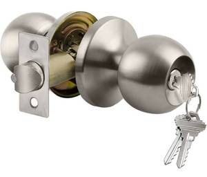 lot 840 image: BESTTEN Keyed Entry Door Knob with Lock, Heavy Duty Interior and Exterior Door Lock, Standard Ball, Satin Nickel - Retail $0