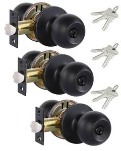 lot 856 image: Lanwandeng (3 Pack) Black Door Knobs with Lock and Keys, InteriorExterior Door Knob for Bedroom or Bathroom, Entry Door Handle Locks - Retail $29