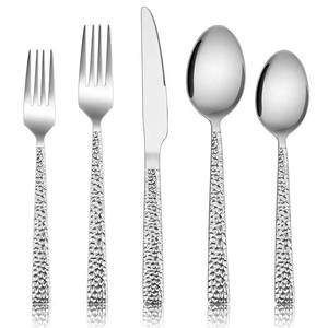 lot 857 image: E-far 50-Piece Hammered Silverware Set, Stainless Steel Square Flatware Set Service for 10, Tableware Cutlery Set Includes Forks Spoons Knives, Modern Design & Mirror Polished - Dishwasher Safe - Retail $33