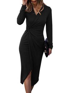 lot 861 image: SHIBEVER Long Sleeve Dress for Women Winter 2025 Midi V Neck Lightweight Cocktail Party Dresses with Twist Front Waist Black M