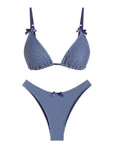 lot 862 image: seamoly Womens Sexy Two Piece Bikini Sets High Cut Thong Bathing Suits Spaghetti Strap String Swimsuits Blue Gingham M - Retail $33