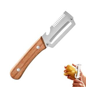 lot 866 image: Multi-Functional Vegetable Peeler, 3 in 1 Multi Functional Wooden Handle Peeler and Bottle Opener, Kitchen Gadgets Tool for Fruit Pumpkin Peeling Potato Carrot Veggie Peeler - Retail $9