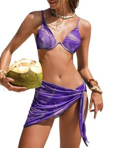 lot 868 image: ZAFUL 3 Piece Ribbed Bikini Sets for Women Sexy Open Back Swimsuit Underwire Bathing Suit Cover Up Sarong Wraps Purple XL - Retail $37