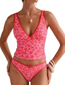 lot 869 image: ZAFUL Tankini Swimsuits for Women V Neck Two Piece Bathing Suit Tummy Control Bowknot Color Block Swimsuit Red Floral L - Retail $40