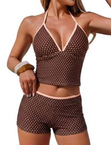 lot 872 image: ZAFUL Women��s Tankini Swimsuits V Neck Halter Top with Boyshorts Bottom Tummy Control Two Piece Bathing Suit Brown Dots L - Retail $40