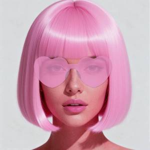 lot 878 image: FSLLZCJY Short Bob Wigs with Heart Sunglasses and Hair Cap �� Set of 3  Colorful Colored Neon Wig Funny Cosplay Hairpieces for Halloween Party Costume (Light Pink) - Retail $10