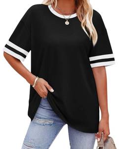 lot 881 image: Pre Owned WIHOLL Womens Tops Plus Size Fashion Color Block Short Sleeve Black Summer Fashion Oversized T Shirts Resort Wear for Women Spring Tops Plus Size Clothes for Women 2026 2XL - Retail $8