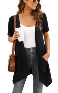 lot 886 image: Veryoung Womens Black Short Sleeve Cardigan Open Front Lightweight Summer Cardigan Kimono Casual Soft Draped Vest with Pockets High Low Hem 2026,Large - Retail $13