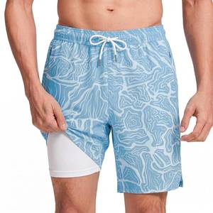 lot 894 image: maamgic Mens Swim Trunks with Compression Liner 9 Inch Stretch Quick Dry Swim Shorts with Zipper Pockets Swimwear Blue Water Flow XX-Large - Retail $36