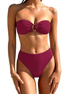 lot 910 image: SUUKSESS Women Bandeau Strapless O Ring Bikini Sets Tie Back High Waisted 2 Piece Swimsuit Cheeky Removable Halter High Cut Bathing Suits��Wine Red,M - Retail $30