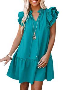 lot 912 image: Dokotoo Summer Dresses for Women Sun Dresses 2025 Elegant V Neck Drawstring Ruffle Solid Pockets Cap Short Sleeve Casual Dresses for Women Green Small - Retail $30