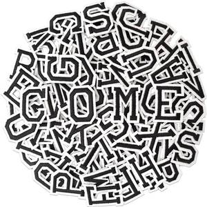 lot 915 image: 104pcs Black Iron on Letters Patches, Embroidery Fabric Letters Applique Patch for Clothing, Jackets, Jeans, Hats, Backpacks, Socks - Retail $14