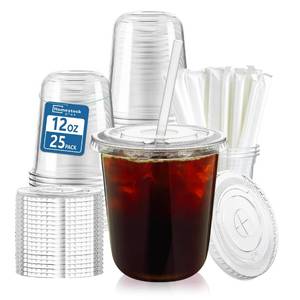 lot 926 image: Homestockplus 25 Pack 12 oz Clear Plastic Cups with Lids and Straws, Leak-Proof Iced Coffee Cups BPA-Free Disposable To-Go Cups for Iced Coffee, Smoothies, Juice, Kids, Daily Use & Small Gatherings - Retail $13