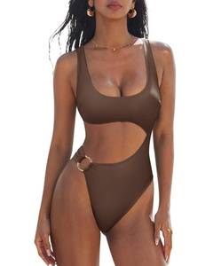 lot 928 image: SUUKSESS Women Sexy One Piece Tummy Control Swimsuit Cutout Backless Slimming Swimwear 2025 Cheeky Side O-Ring Bathing Suit (Dark Brown,Small) - Retail $34