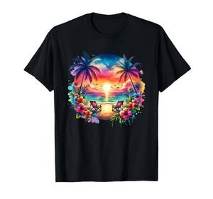 lot 934 image: PINK, NOT BLACK Tropical Island Beach Wave Sunset Scene T-Shirt 2XL - Retail $14