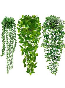 lot 960 image: Palonu Artificial Hanging Plants for Shelf, 3 Pack Fake Potted Greenery Plant Faux Mandala Vine, String of Pearls, Ivy Vine,Persian Grass Fern in Pot for Desk Home Bathroom Farmhouse Room Table Decor - Retail $20