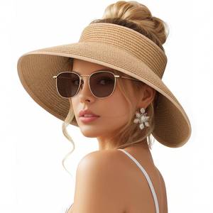 lot 971 image: Sun Visor Hats for Women, Wide Brim Straw Beach Ponytail Hats, UPF 50 Summer Packable Foldable Roll up Topless Hat - Retail $9