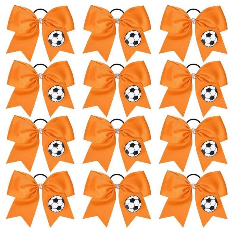 lot 38061 image: 12PCS Soccer Bows 8 Soccer Cheer Bow Large Girls Hair Bows Cheerleading Bows Bulk Elastic Band Ponytail Holder for Teen College Football Competition-Orange - Retail $16