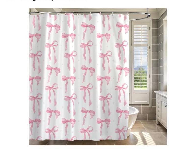 lot 38175 image: Cute Shower Curtain, Bow Pattern Waterproof Fabric Shower Curtain for Bathroom Decor, Aesthetic Modern Shower Curtains Sets with Hooks for Women Girls 72x72 Inches (Pink) - Retail $13