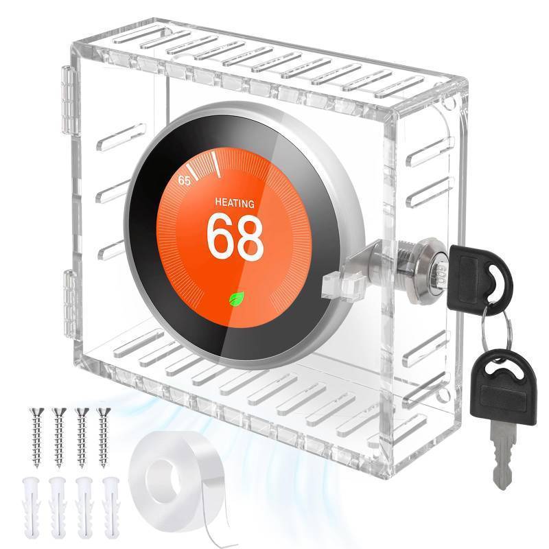 lot 72493 image: Thermostat Lock Box Square - 5 x 5 Thermostat Cover With Lock, No Screws Thermostat LockBox with Key, Clear AC Thermostat Box Cover, Small Acrylic Lock Box For Thermostat on Wall (5x5x2) - Retail $16