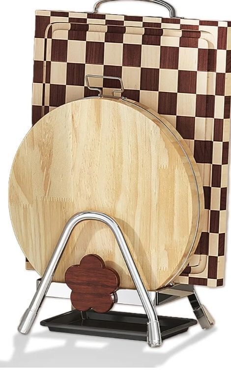 lot 46679 image: Cutting Board Rack - Double Layer Stainless Steel Chopping Board Pot Lid Holder Stand with Drain Tray, Stable Triangle for Kitchen Countertop Pan Plate Cutting Boards Cooking Mats Cookware - Retail $15
